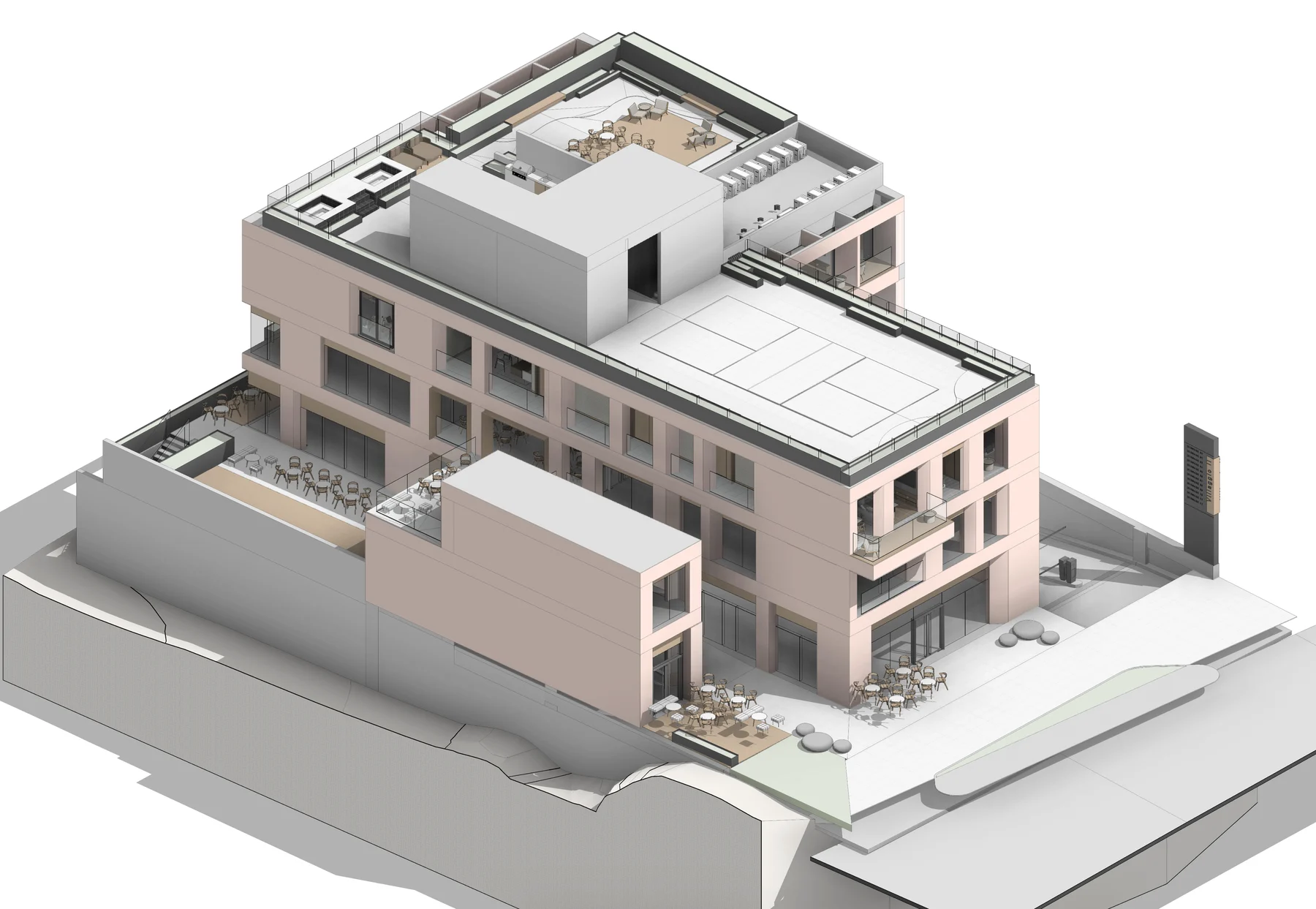 Axonométrico de Villaggio II: el conjunto completo, con comercio, departamentos y la terraza de rooftop.