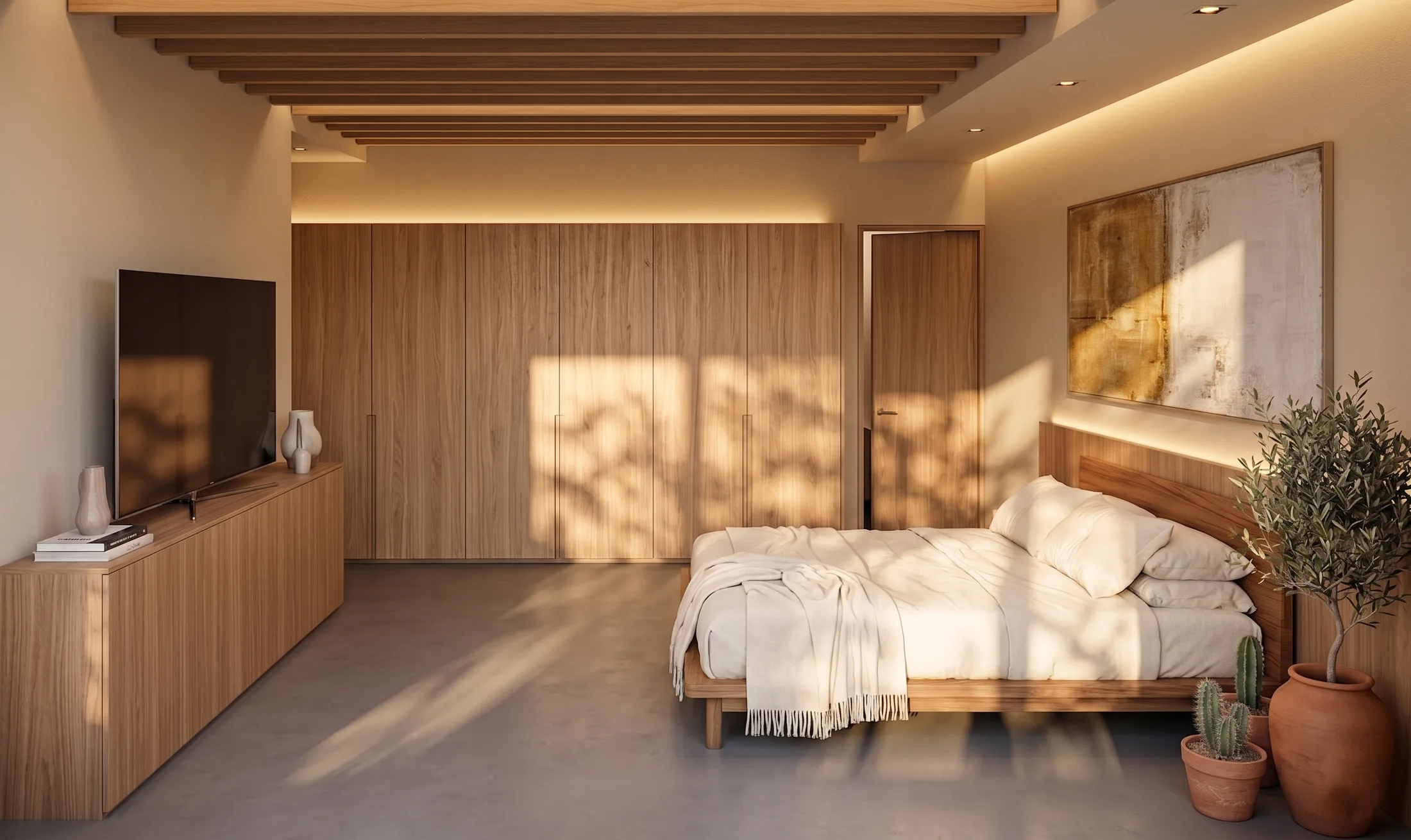 Segunda recámara de un departamento Villaggio, con plafón de madera, mueble bajo y luz natural.