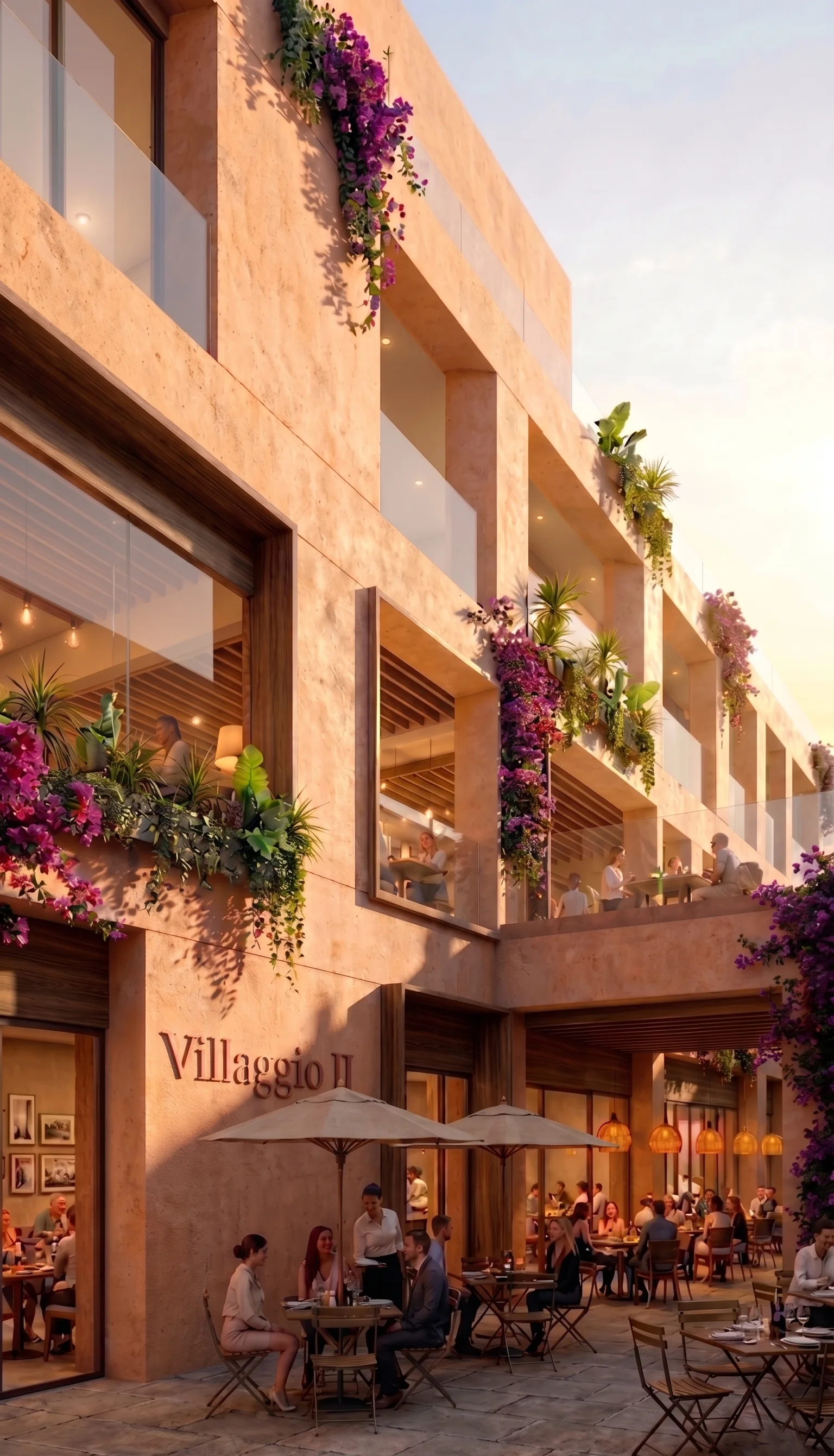 Comercio de Villaggio II al atardecer: locales con terrazas y vegetación frente al edificio de cantera terracota.