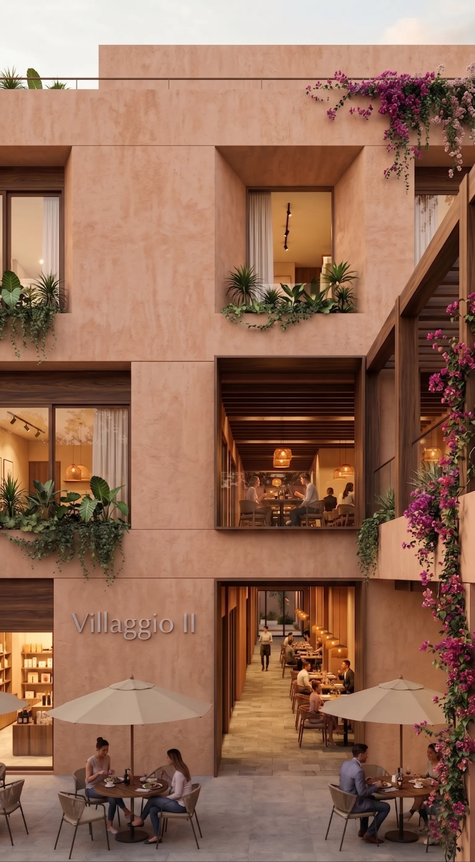 Lobby de Villaggio II: acceso de cantera y madera con iluminación cálida y vegetación.